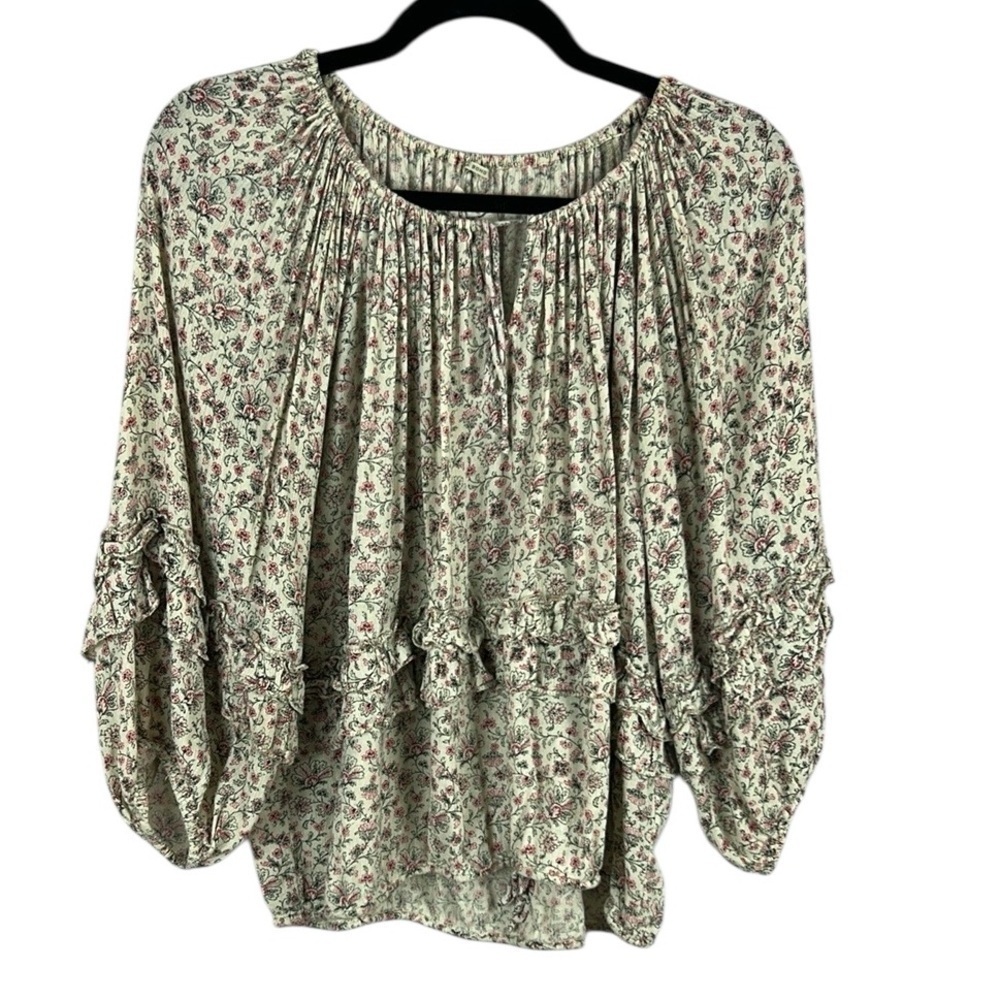 Denim & Supply Ralph Lauren Boho Floral Ruffle Peasant Blouse Medium Grey Pink